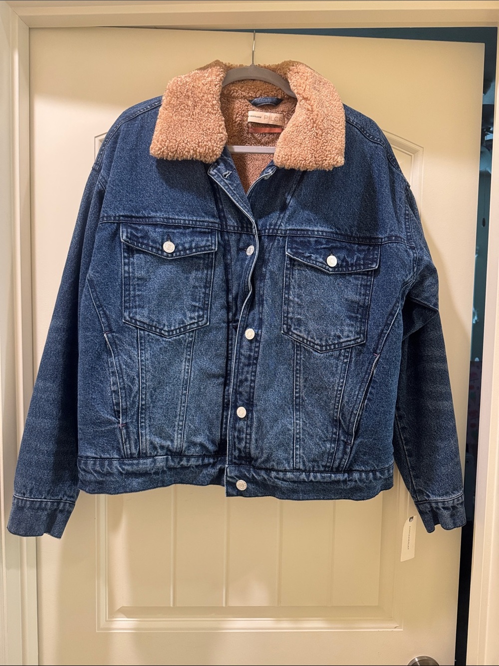 Anthropologie Blue Denim Jean Jacket with Tan Sherpa Collar - Picture 1 of 2